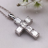 Diamond Emerald Cross Necklace in 14K Solid White Gold