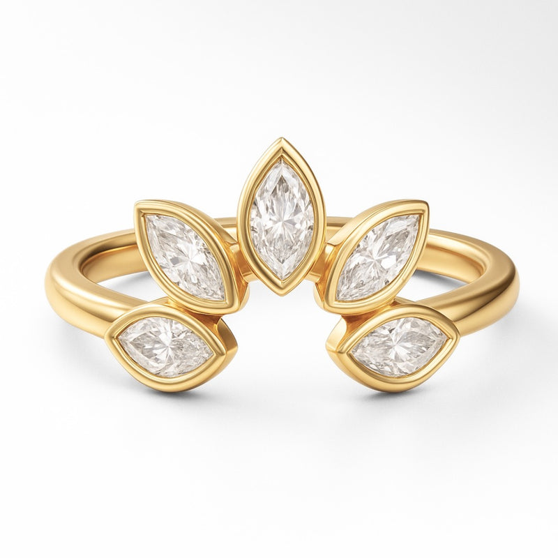 טבעת V משובצת זהב משובצת ביהלום משובצת ב-Pear &amp; Pave