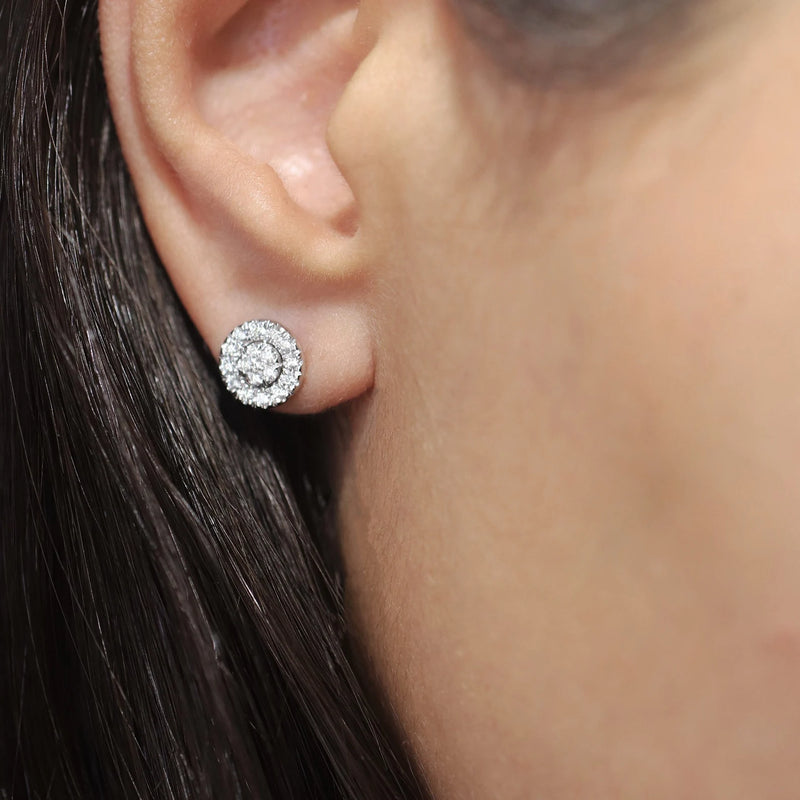 Halo Design Round Shape Earrings in Gold with Diamonds