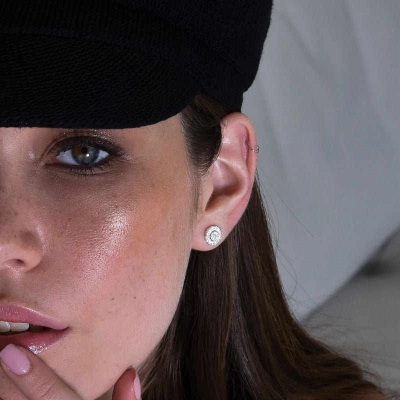 Halo Design Round Shape Earrings in Gold with Diamonds