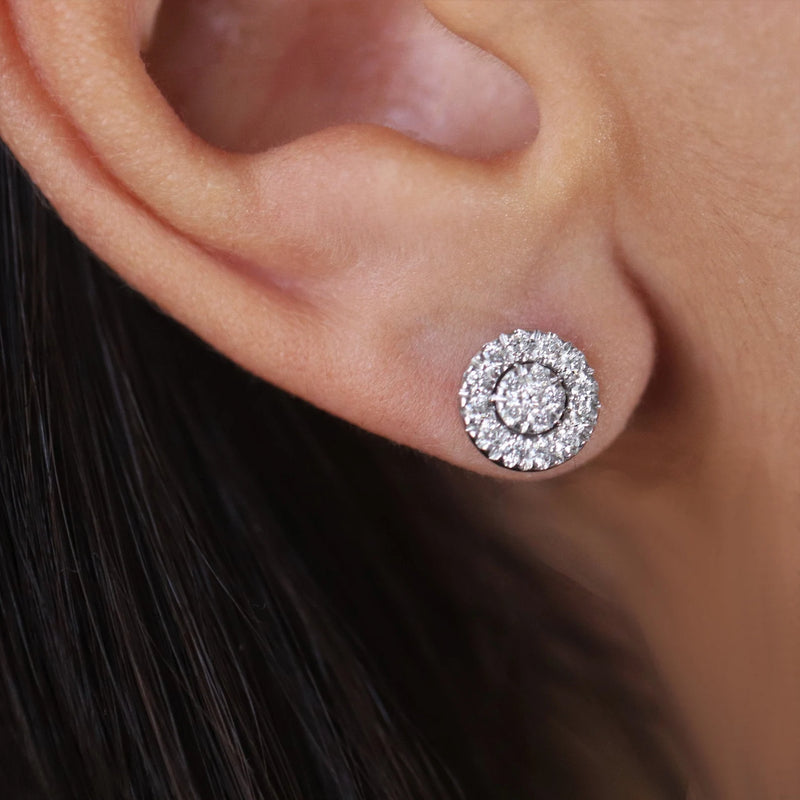 Halo Design Round Shape Earrings in Gold with Diamonds