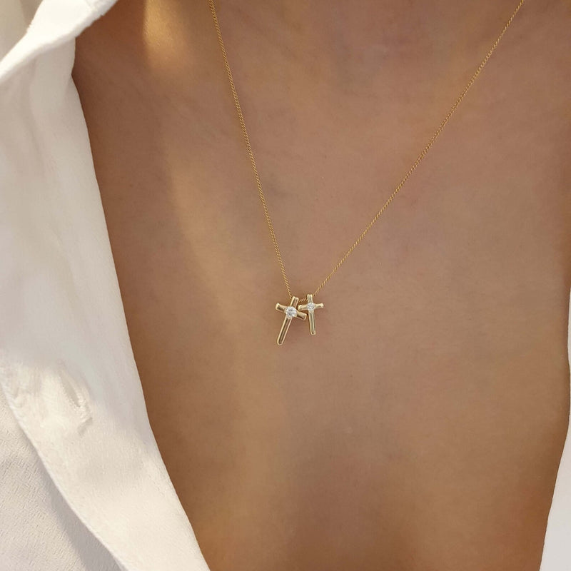 Tiny Cross Necklace in Gold with Diamonds