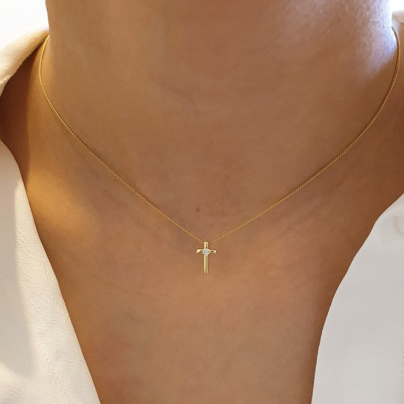 Tiny Cross Necklace in Gold with Diamonds