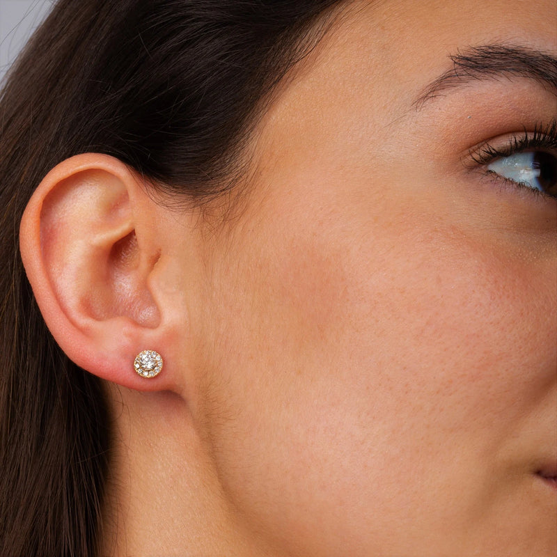 Round Shape Halo Style Earrings in Gold with Diamonds