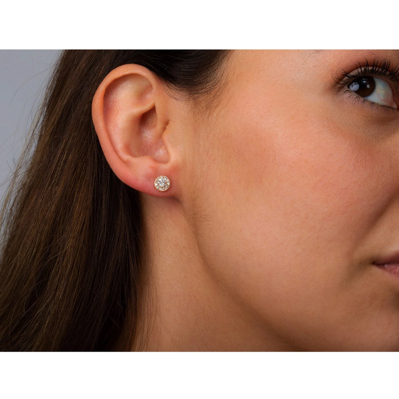 Round Shape Halo Style Earrings in Gold with Diamonds