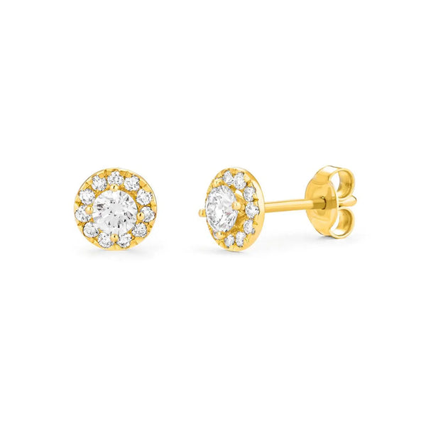 Round Shape Halo Style Earrings in Gold with Diamonds