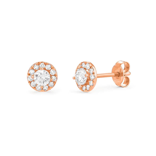 Round Shape Halo Style Earrings in Gold with Diamonds