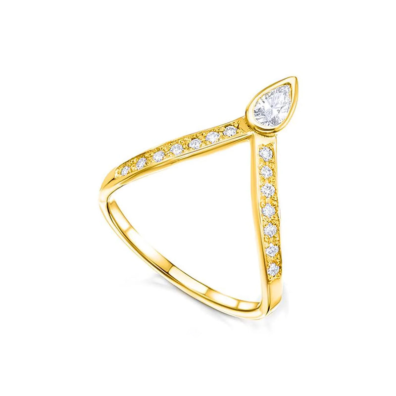 טבעת V משובצת זהב משובצת ביהלום משובצת ב-Pear &amp; Pave