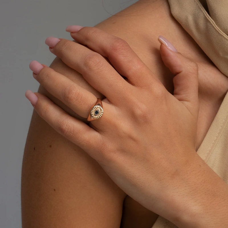 Evil Eye Black Signet Ring in Gold with Diamond