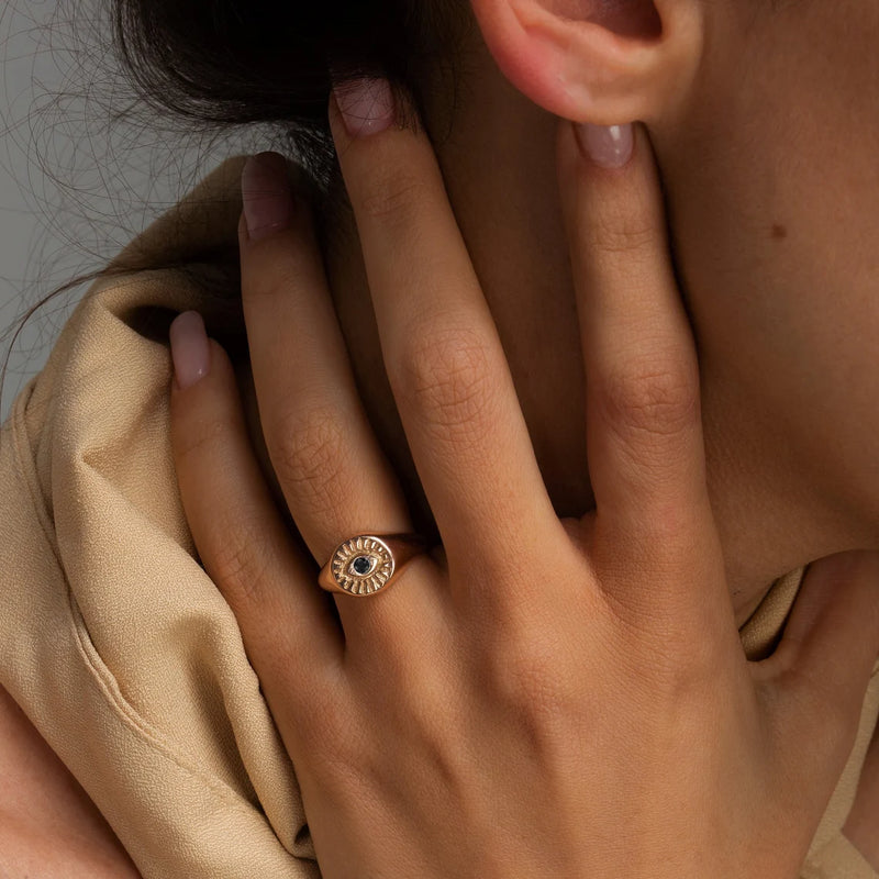 Evil Eye Black Signet Ring in Gold with Diamond