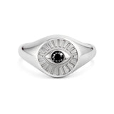 טבעת חותם ב 14K זהב משובצת עם יהלום שחור 0.05 קראט וריקוע עין הרע בזהב