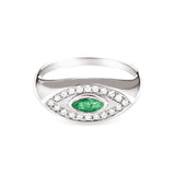 טבעת אבן אמרלד ירוקה משובצת זהב עם יהלום משובצת עין הרע