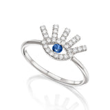 Evil Eye Ring in Gold with 29 Diamonds 0.15ct a blue sapphire