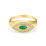 טבעת אבן אמרלד ירוקה משובצת זהב עם יהלום משובצת עין הרע