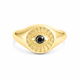 טבעת חותם ב 14K זהב משובצת עם יהלום שחור 0.05 קראט וריקוע עין הרע בזהב