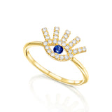 Evil Eye Ring in Gold with 29 Diamonds 0.15ct a blue sapphire